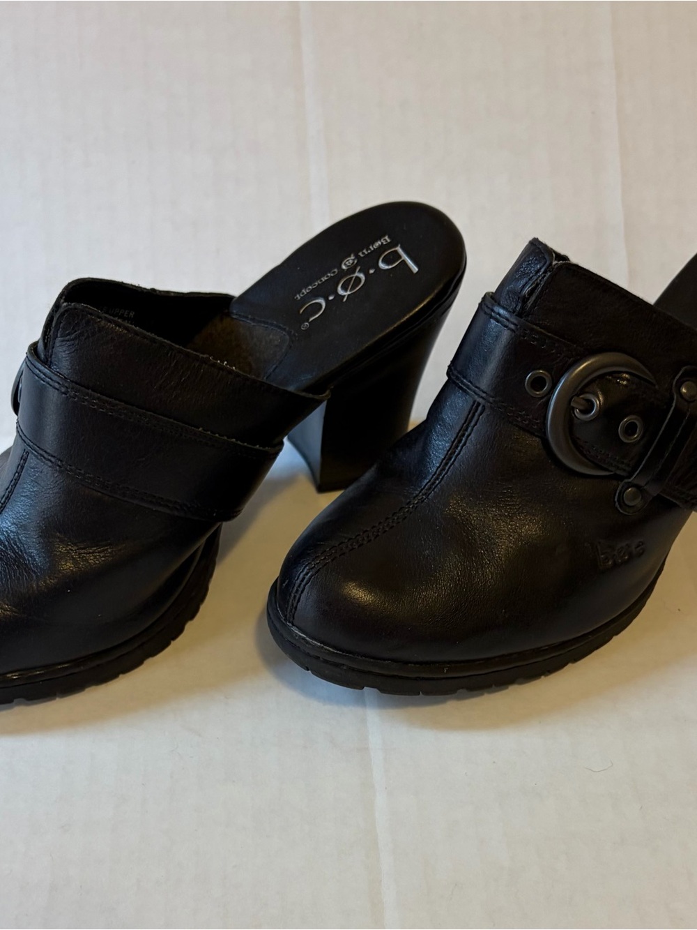 b.o.c. Black Leather Buckle Clog Mules